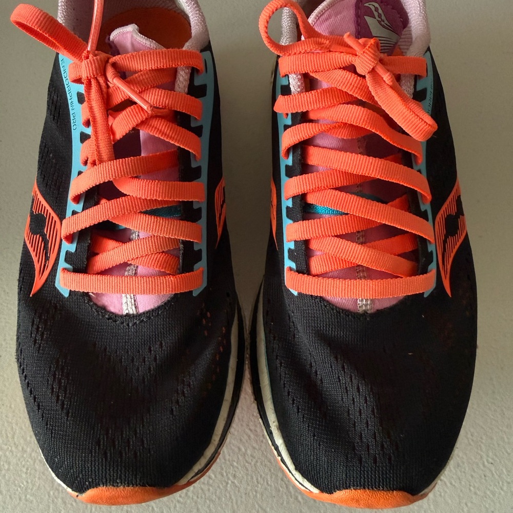 Saucony Womens Endorphin Pro Running Shoes Black Orange Lace Up Low Top